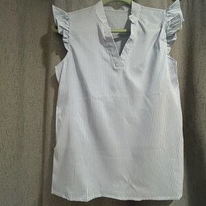 Blue and White Ruffle Sleeve Blouse